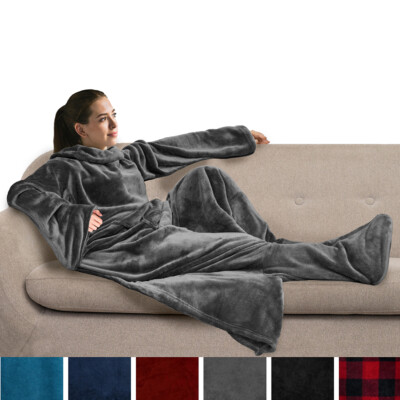 Fleece Wearable Blanket With Sleeves Foot Pocket Plush Microfiber TV Nap  Gift | eBay