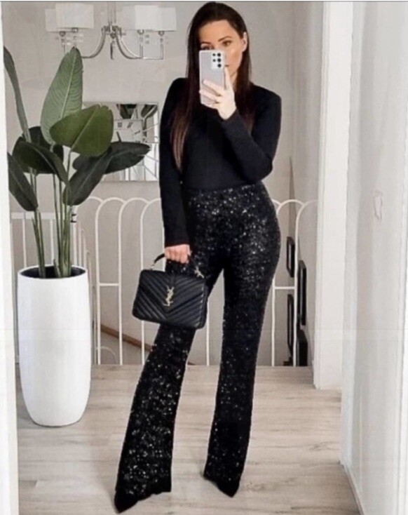 ZARA NEW FLARED SEQUINNED LEGGINGS/Pants DARK Black S-L 9860/221