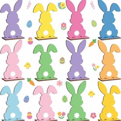 12 Pcs Easter Decorations Easter Bunny Wooden Table Centerpieces Rabbit Table...