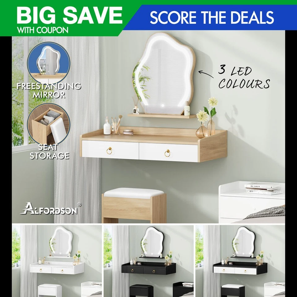 ALFORDSON Dressing Table Stool Set Floating Makeup Mirror LED Vanity Desk