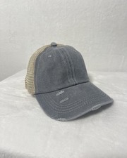 NWOT Distressed Gray Denim Baseball Cap Trucker Hat with Beige Mesh Back