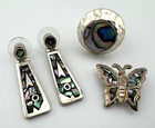 Mexico Sterling Silver Jewelry Lot Abalone Shell Earrings Ring Pin Vintage 25.5g