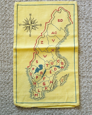 Map of Sweden Pillow Form / Wall Hanging Vintage Finished Cross Stitch Yellow