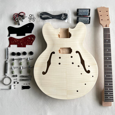 DIY  6 String 335 Electric Guitar Kit Unfinished Flamed Maple Top Silver  Part