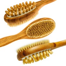 Bamboo Body Brush for Back Scrub - Natural Boar Bristle Shower Brush Scrubber...
