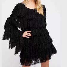 Free People Bali Swing Of Things - Fringe Shag - Black Sweater Dress Sz Medium