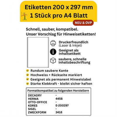 25 x selbstklebendes Papier 70g/m² Format 200 x 297 mm auf DIN A4 stark haftend