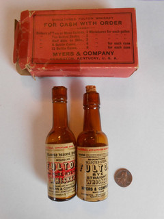 Fulton Whiskey 2 mini antique bottles with box Meyers & Co