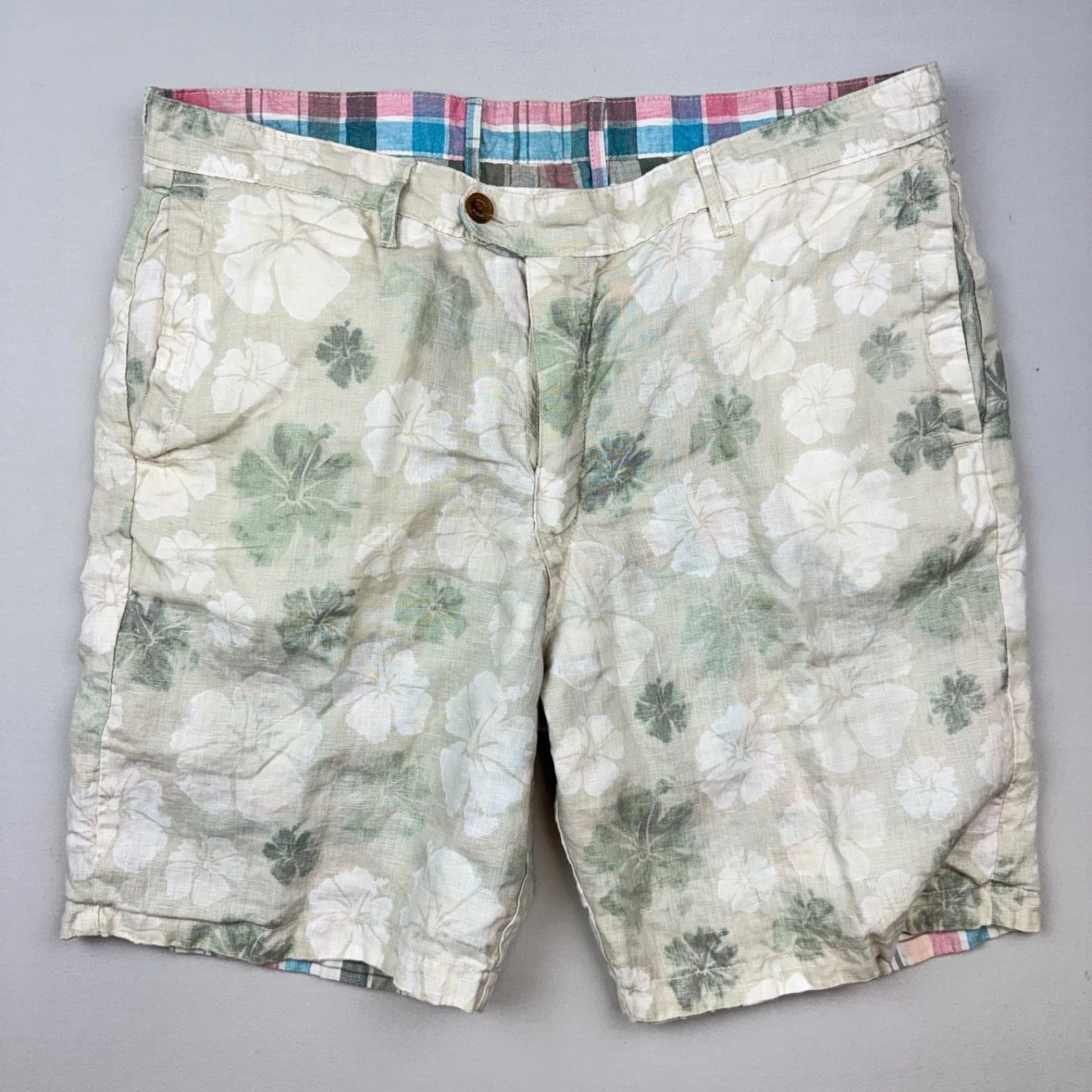Tommy Bahama Linen Shorts Mens 38 Reversible Floral Plaid Beach Casual 8" Inseam