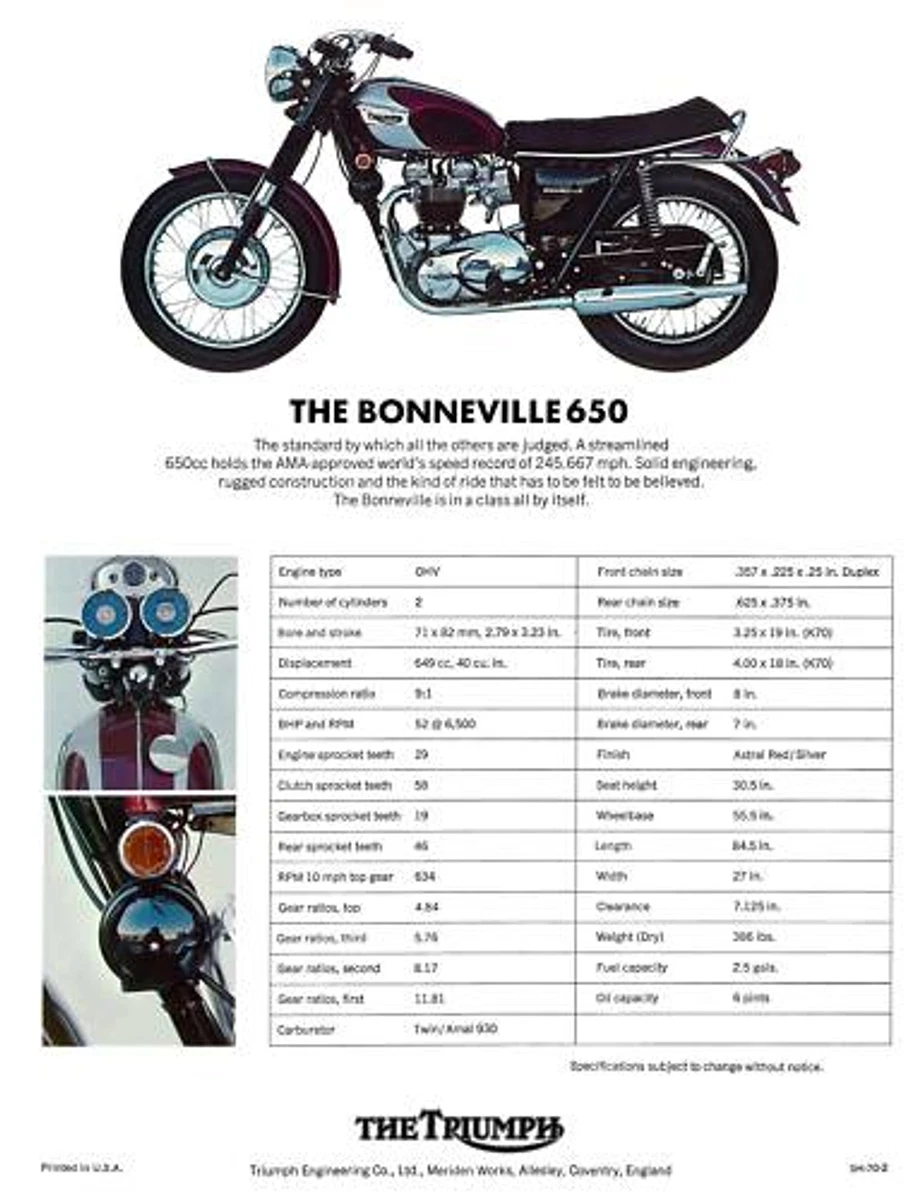 TRIUMPH Brochure T120 T120R Bonneville 1970 Sales Catalogue