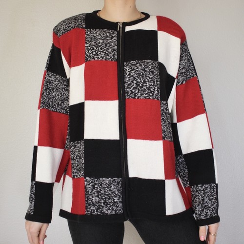 Vintage Dressbarn Sweater Size M Check Print Full Zip Chunky Knit 90s Retro - Picture 2 of 14