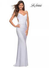 La Femme White Jersey Knit Prom Dress Dramatic Open Back Maxi V-Neck Size 2 NWOT