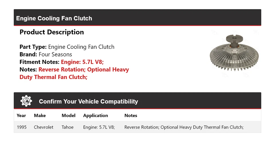 Муфта вентилятора охлаждения двигателя V8 для 1995 Chevrolet Tahoe 5,7 л 4 сезона - Изображение 2 из 4