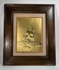 Vintage 1980s Dufex Gold Foil Prints Sailing Ship Art In Frame Nautical Ocean