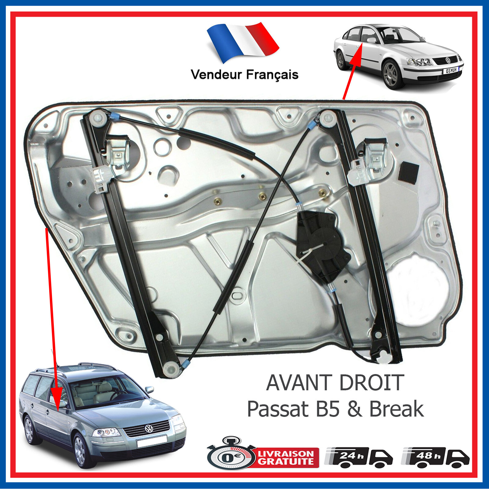 Mécanisme lève-vitre avant droit Premium en acier avec panneau pour Passat 3B 3B1837462