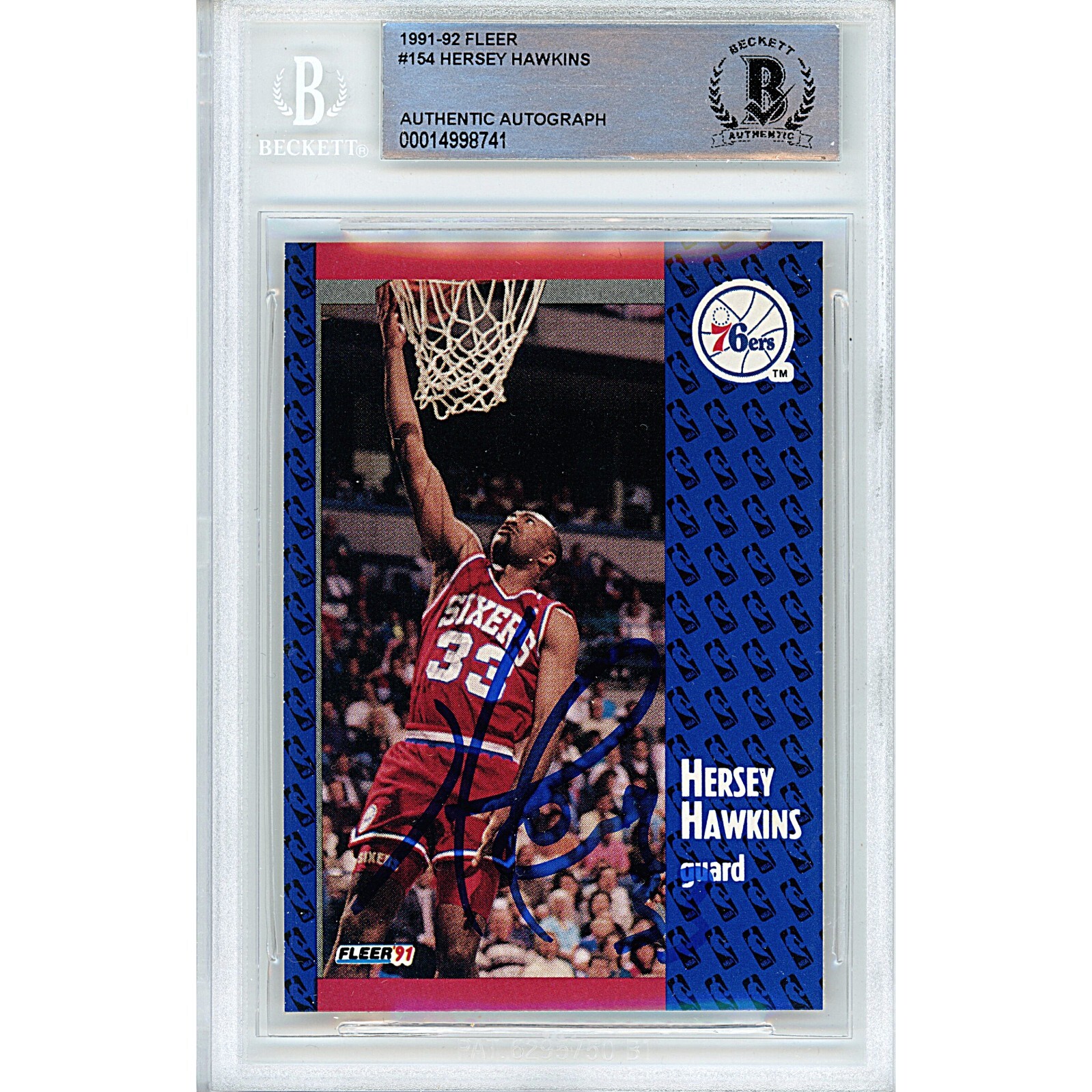 Hersey Hawkins Philadelphia 76ers Auto 1991 Fleer Sixers Autograph BAS Auth Slab