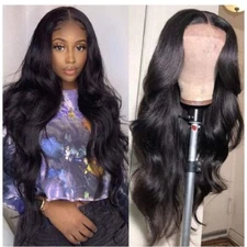 Long Black Loose Wavy Hair Women Glueless Synthetic Lace Front Wigs Pre Plucked