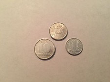 East German DDR Cold War Era Coins:10 Pfennig, 5 Pfennig and 1 Pfennig 60's-80's