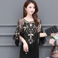 Ladies Tasseled Sequins Sheer Cape Wrap Shawl Shiny Wedding Bolero Shrug Top Bar