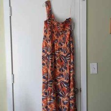 Nine West One-Shoulder Multi Orange Blue Maxi Dress 1X Pockets New with Tags