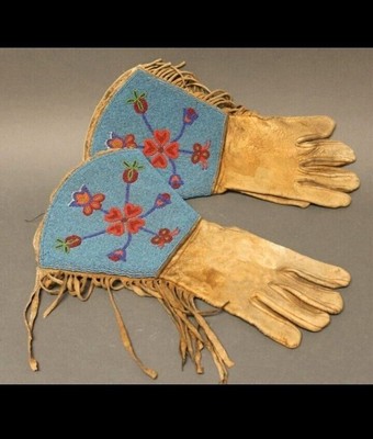 Powwow Old American Style Handmade Beaded Suede Leather Gauntlet Gloves PGV12