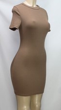Shein Women's Bodycon Dress Stretch Short Sleeve Ribbed Brown Size S
