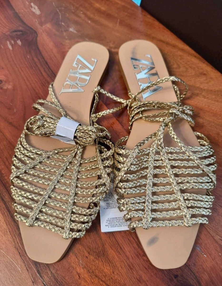 BRAND NEW ZARA UK 41 GOLD BRAIDED FLAT STRAPPY SANDALS WITH LONG TIE  STRAPS