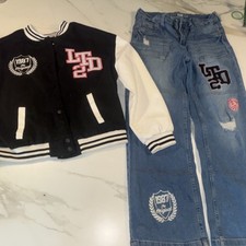 Limited Too Girls Vintage Denim Jeans and Varsity Jacket Set Size 12-14 New