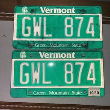 Vermont License Plate Tag 2019 VT Pair Set Natural Sticker GWL 874