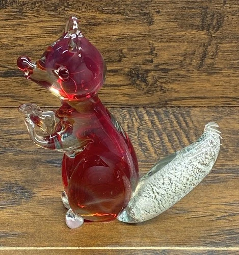 Hand Blown Art Glass Squirrel Figurine Red Clear Murano Style Vintage 5.5”