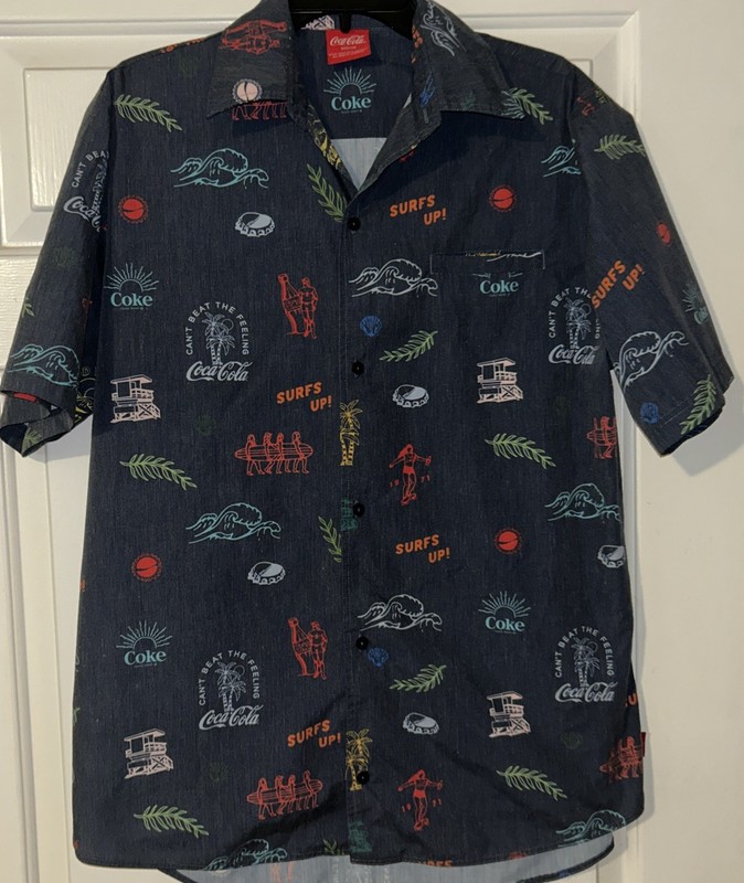 Coca-Cola Beach Button Down Shirt Surfs Up Men's Size M Blue S/S