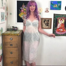 Vintage Lace Full Slip, 1950s White Lace by Van Raalte, Sheer Slip Dress Sz M