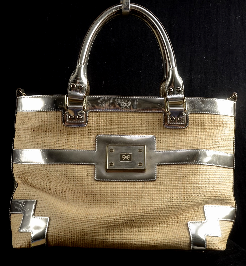 Anya Hindmarch Straw Handbag Basket Bag Tote Logo Leather Silver Metallic