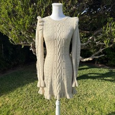 LoveShackFancy Zeke Womens Oatmeal Cable Knit Ruffle Mini Sweater Dress XS Cream