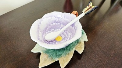 Corner Ruby Garden Collection 3pc Hand Painted Flower Tea Cup Saucer + Spoon Set
