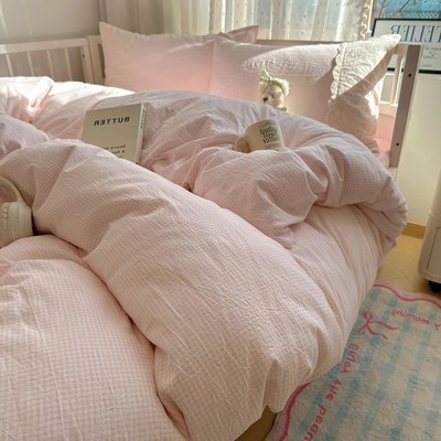 Pink Grid Duvet Cover Set Queen 3 Pieces Lace Bedding Set Simple Cozy Plaid