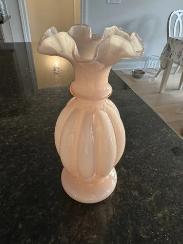 Fenton Rose Pink Glass Overlay Melon Vase Ruffled Edge