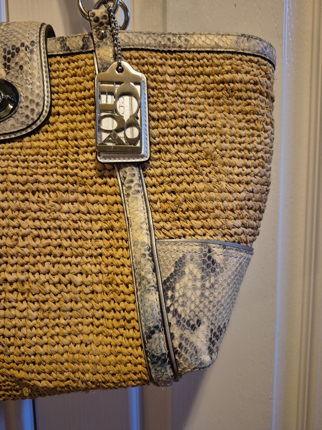 Coach Hampton Straw & Python Snakeskin Leather Tr… - image 14