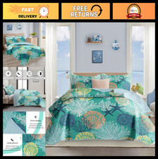 Coastal King Quilt Set - Reversible Microfiber Bedspread with 2 Shams, Nautical