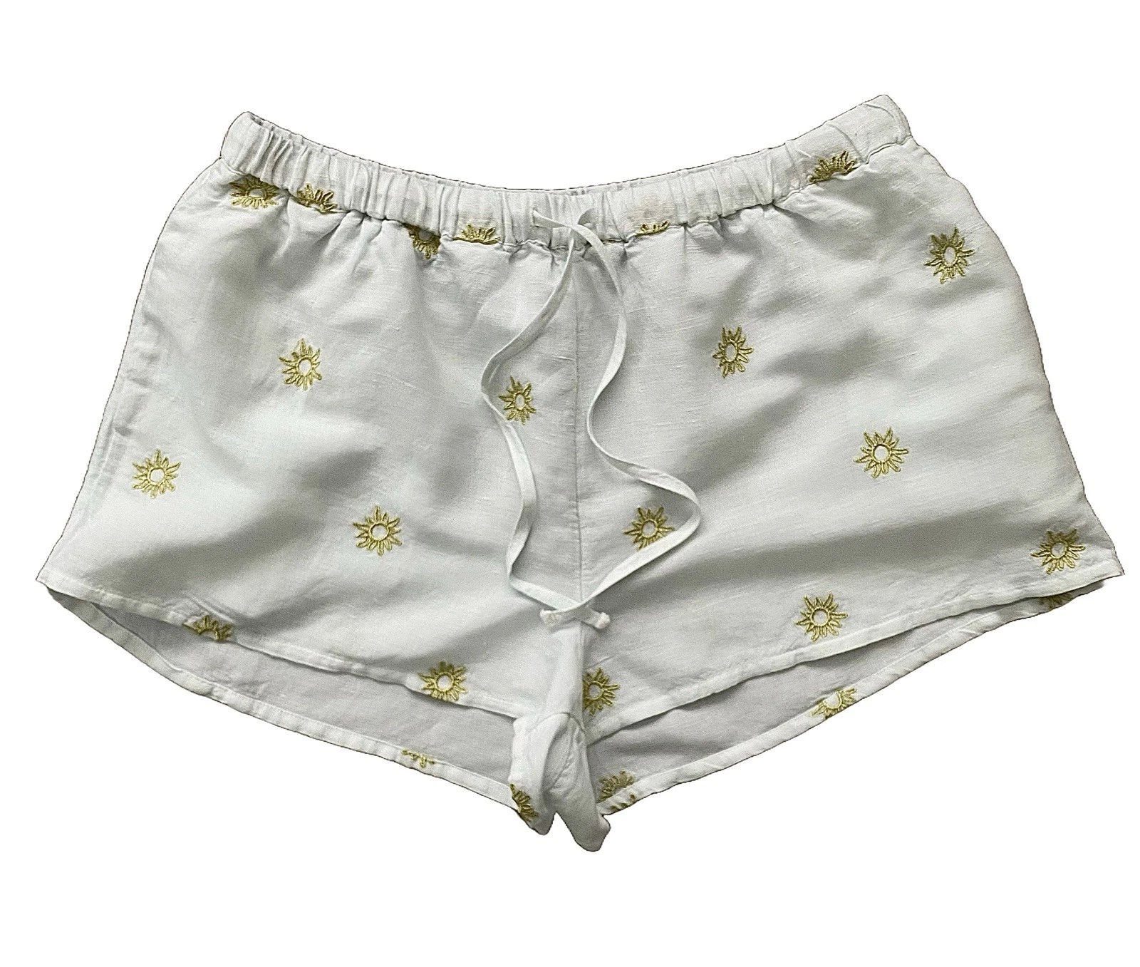 Anthropologie Poplin Gold Sun Embroidered White Linen Blend Shorts Size Medium