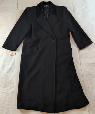 NOS Style VI Ltd Women's 100% Wool Long Black Pea Dress Coat 48  Length Size 16 