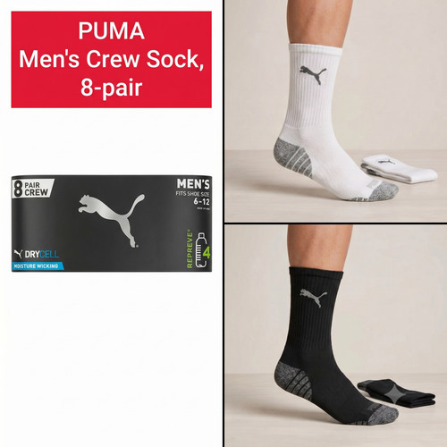PUMA Men's Crew Socks 8-Pair White Cushioned Mesh Ventilation Shoe Sizes 6-12