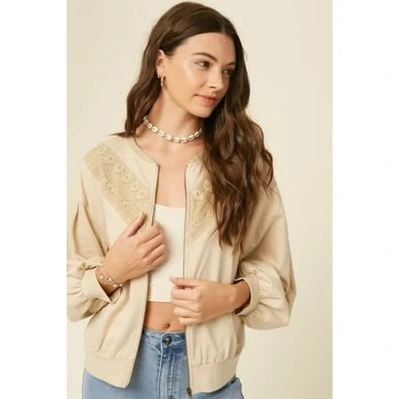 Three Bird Nest Sz M Lorelei Beige Lace Jacket Puff Sleeves Zip Front 3/4 Sleeve