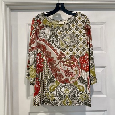 Chico's Women's Size 2 Large Blouse Top Colorful Paisley Funky Flair 3/4 Sleeve
