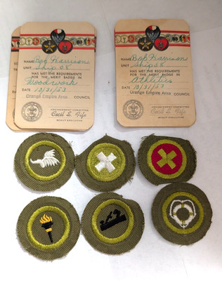 group of 6 early '50's Boy Scout merit badges with merit cards Orange Empire Are