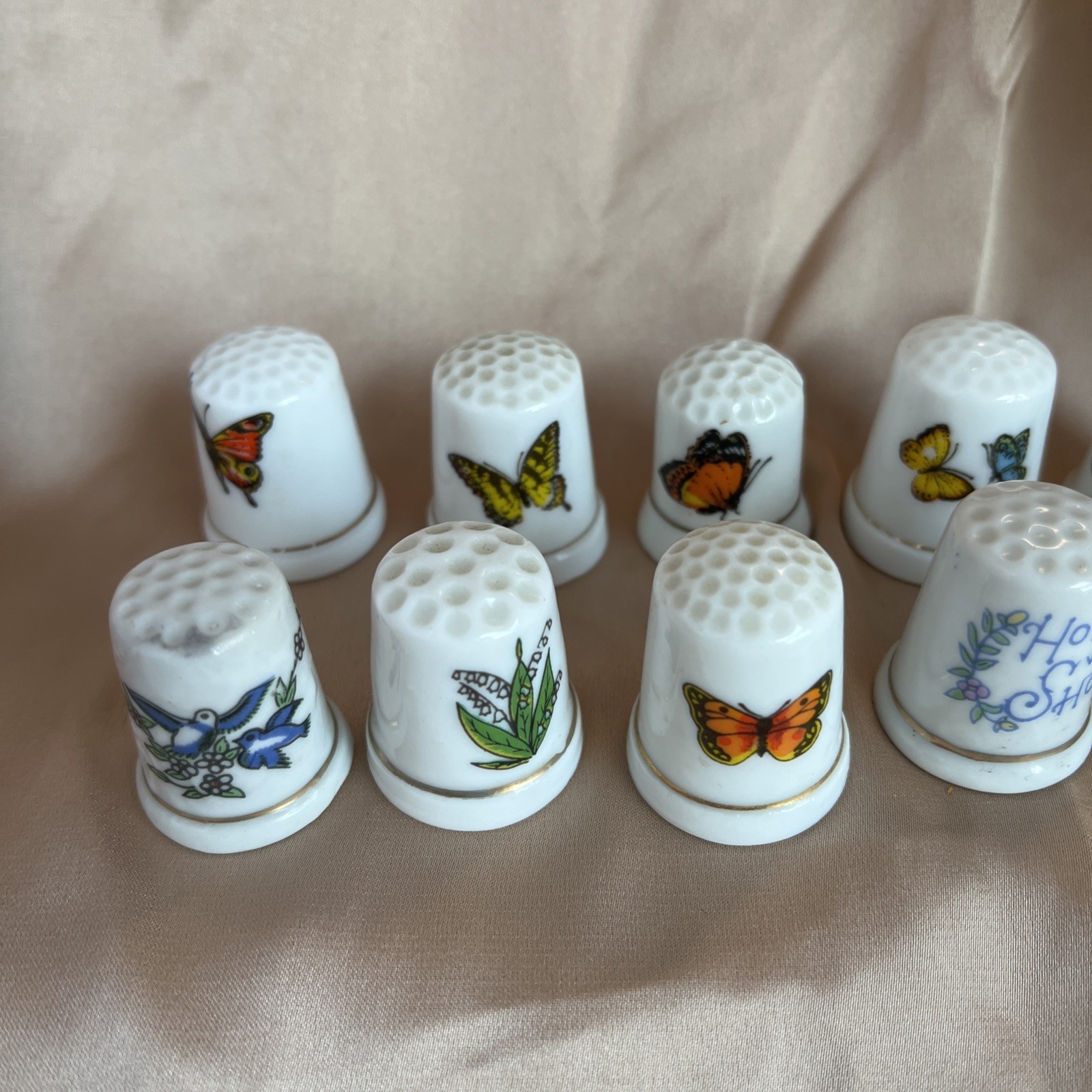 Vintage Butterfly & Flower Thimble Collection And Display Shelf