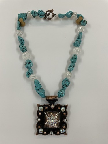 FASHION SIGNED TRIGG LEATHER COPPER NATURAL STONE TURQUOISE 15” Necklace