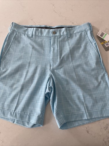 PGA Tour Men's Active Waistband FF Golf Stretch Short Check Print Cyan Blue 34