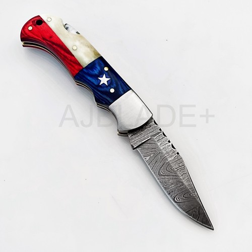 HANDMADE DAMASCUS STEEL BLADE TEXAS FLAG FOLDING POCKET KNIFE WITH SHEATH; 5990 - Picture 2 of 11