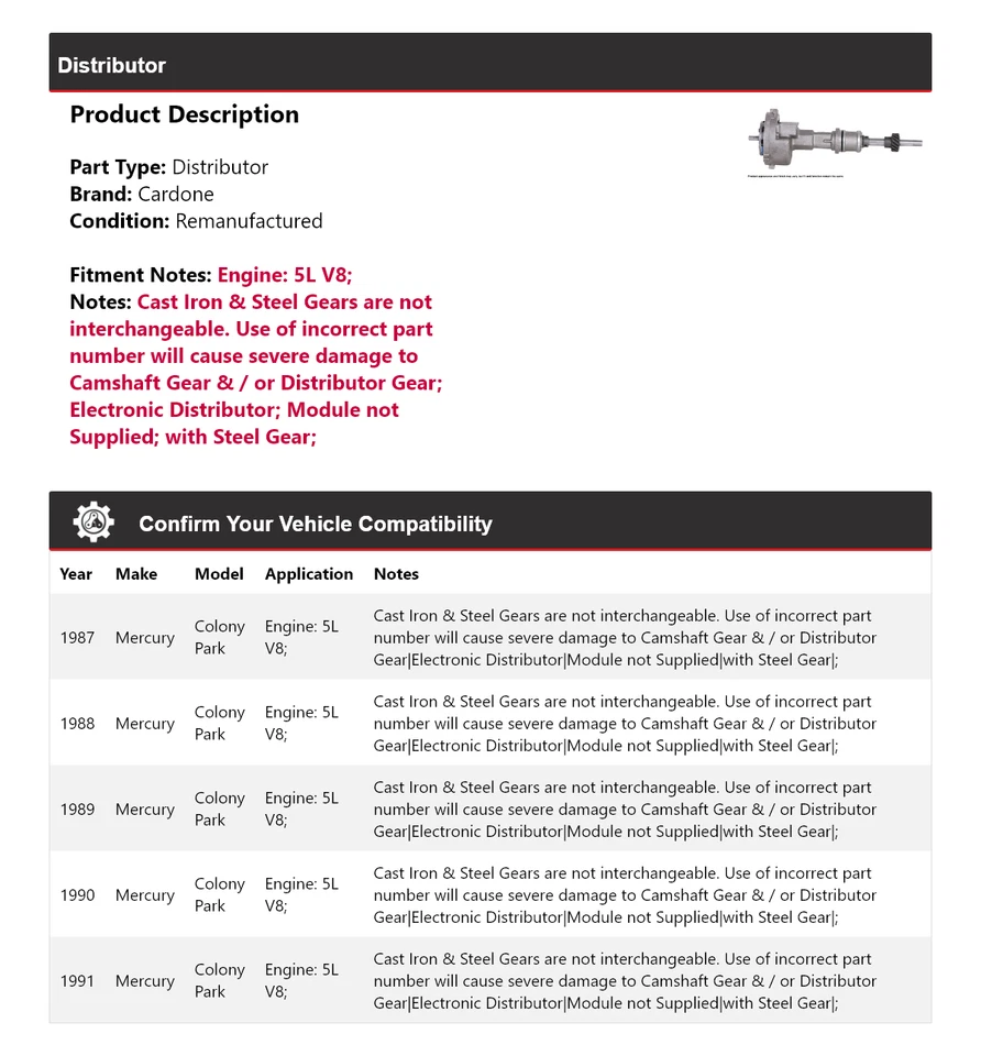 For 1987-1991 Mercury Colony Park 5L V8 Distributor Cardone 1988 1989 1990 - Image 2 of 4